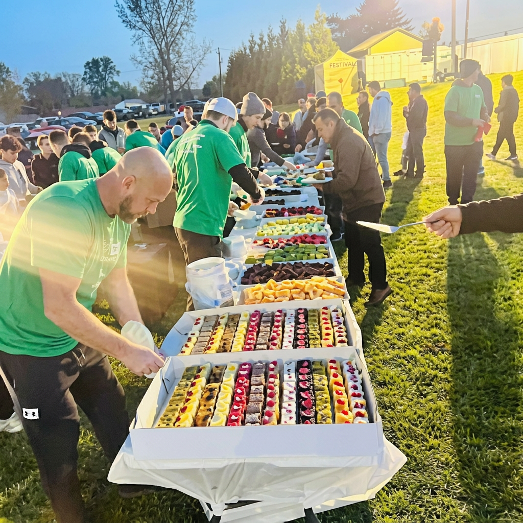 Outdoor community event with food spread