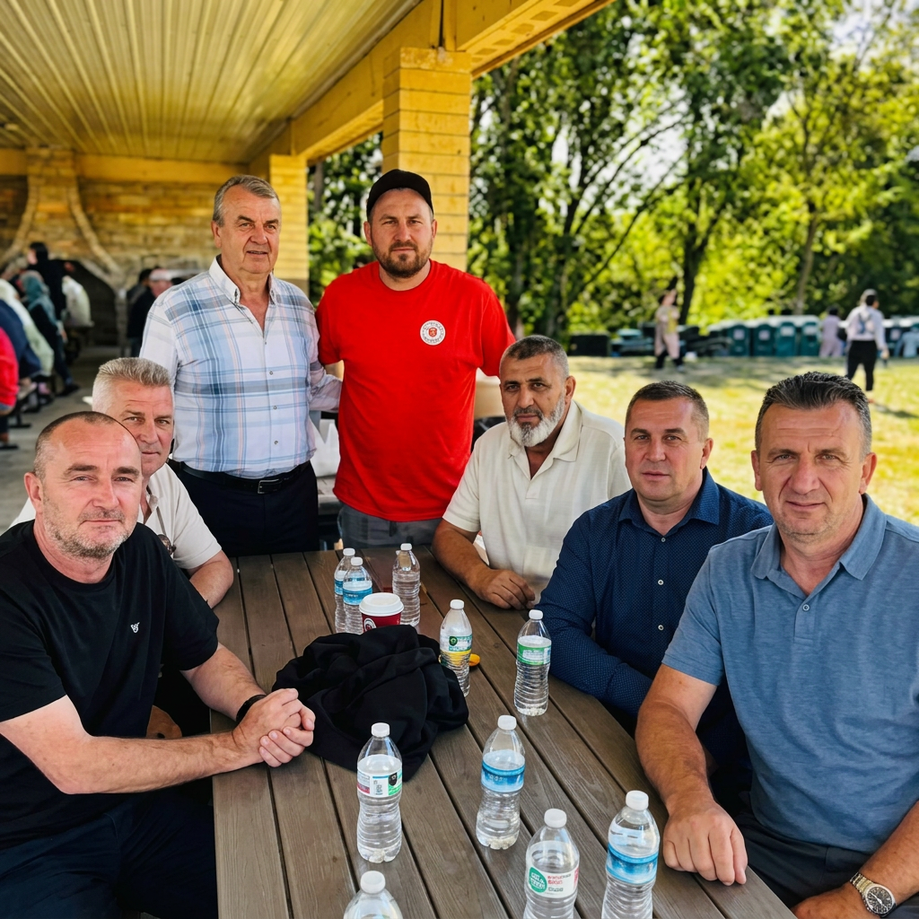 Group of friends gathered at a table outdoors