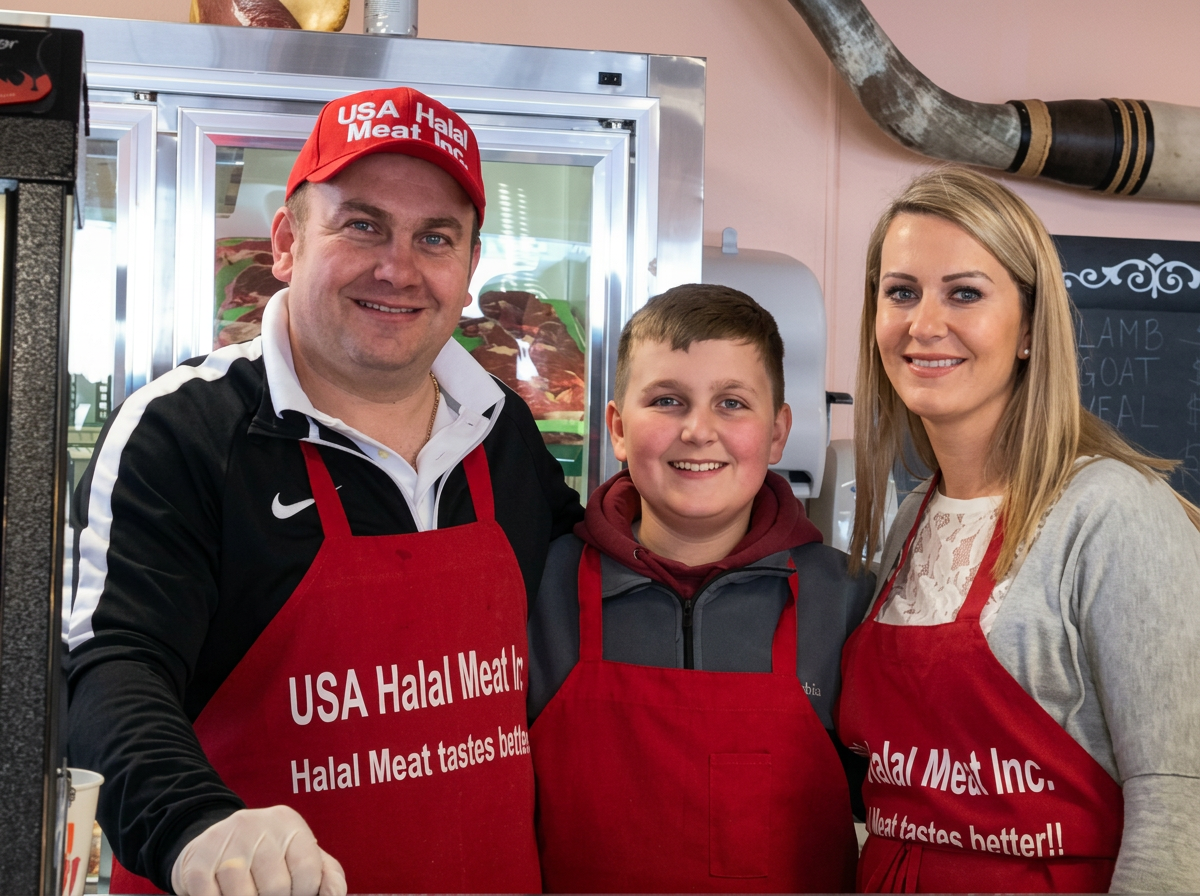 The family behind USA Halal Meat Inc. — Alen, his son, and wife wearing red aprons in their butcher shop