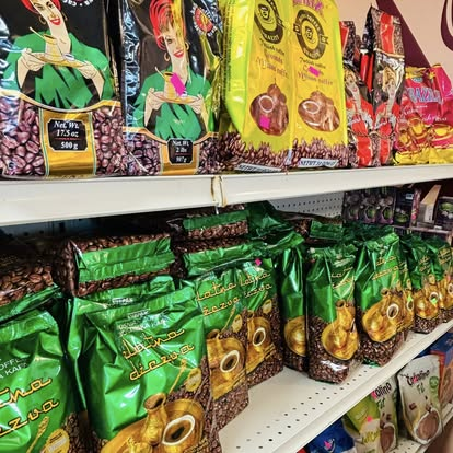 Bags of Bosnian and Turkish ground coffee on the shelf