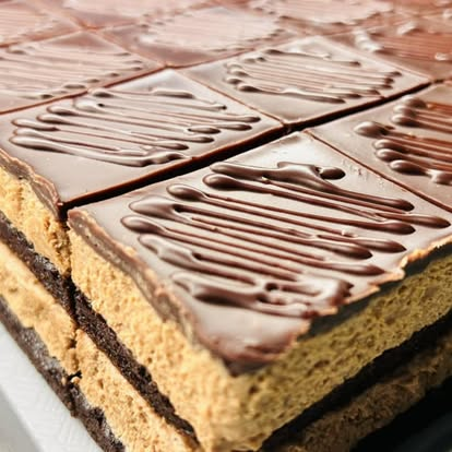 Layered cake bars topped with a swirl of chocolate ganache